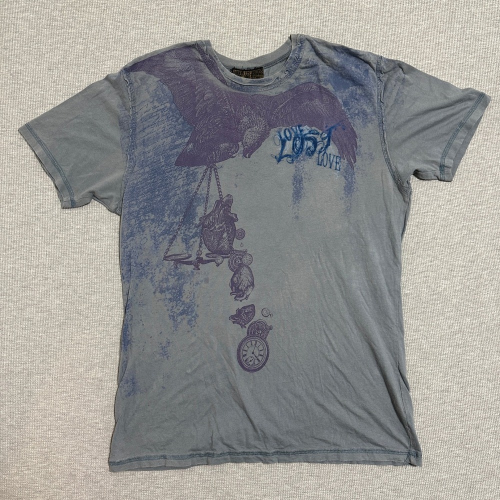 Y2K Black Hearts Brigade Eagle Lost Love Mineral Wash Tee Blue LA Destroyed Sz L - Picture 2 of 10